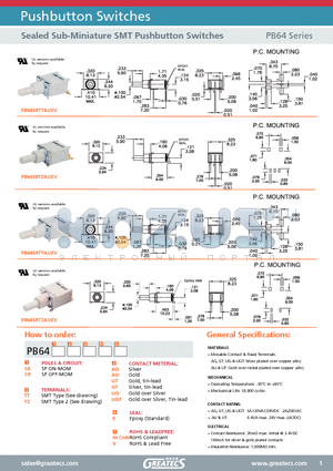 PB64S9TZAUEV datasheet - Sealed Sub-Miniature SMT Pushbutton Switches