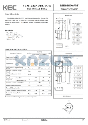 KHB4D0N65P datasheet - N CHANNEL MOS FIELD EFFECT TRANSISTOR