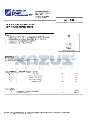 MRF607 datasheet - RF & MICROWAVE DISCRETE LOW POWER TRANSISTORS