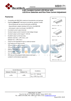 MBI5171CP datasheet - 8-Bit Constant Current LED Driver with LED Error Detection and Run-Time Current Adjustment