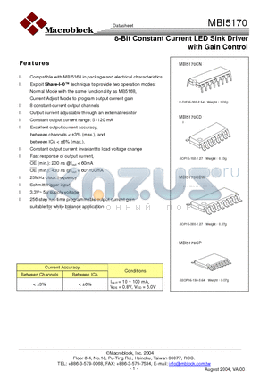 MBI5170 datasheet - 8-Bit Constant Current LED Sink Driver with Gain Control