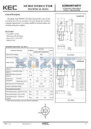 KHB6D0N40P datasheet - N CHANNEL MOS FIELD EFFECT TRANSISTOR