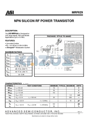 MRF629 datasheet - NPN SILICON RF POWER TRANSISTOR