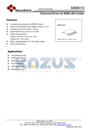 MBI6010CP datasheet - 3-Channel Driver for RGB LED Cluster