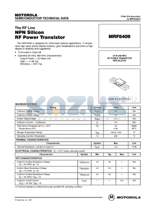 MRF6409 datasheet - RF POWER TRANSISTOR NPN SILICON