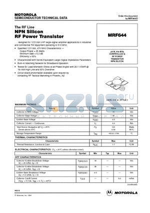 MRF644 datasheet - RF POWER TRANSISTOR NPN SILICON