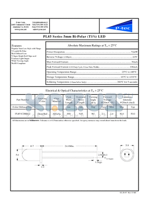 PL85-CDRR22 datasheet - 5mm Bi-Polar (T1n) LED