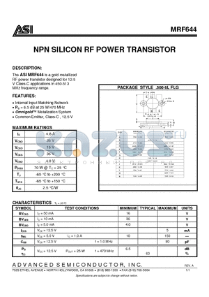 MRF644 datasheet - NPN SILICON RF POWER TRANSISTOR