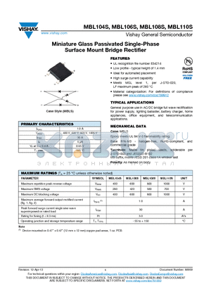 MBL106S datasheet - Miniature Glass Passivated Single-Phase Surface Mount Bridge Rectifier