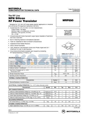 MRF650 datasheet - RF POWER TRANSISTOR NPN SILICON