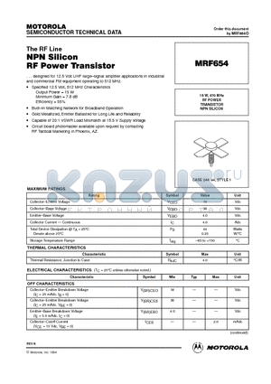 MRF654 datasheet - RF POWER TRANSISTOR NPN SILICON