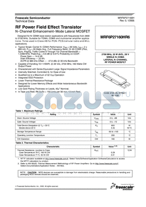 MRF6P27160HR6 datasheet - RF Power Field Effect Transistor N-Channel Enhancement-Mode Lateral MOSFET