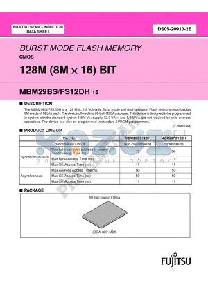 MBM29BS12DH15PBT datasheet - BURST MODE FLASH MEMORY CMOS 128M (8M X 16) BIT