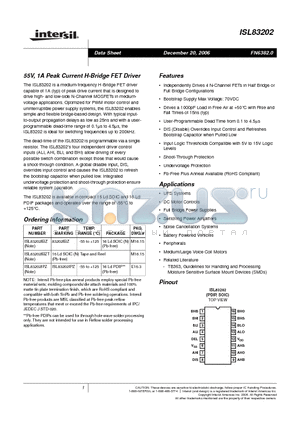 ISL83202 datasheet - 55V, 1A Peak Current H-Bridge FET Driver