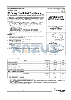 MRF6S18140HR3 datasheet - RF Power Field Effect Transistors N-Channel Enhancement-Mode Lateral MOSFETs