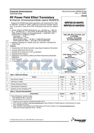 MRF6S18140HR3_09 datasheet - RF Power Field Effect Transistors N-Channel Enhancement-Mode Lateral MOSFETs