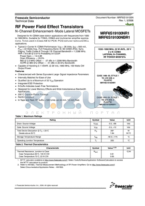 MRF6S19100NR1 datasheet - RF Power Field Effect Transistors