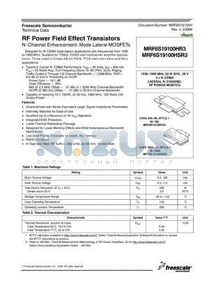 MRF6S19100HR3_06 datasheet - RF Power Field Effect Transistors N-Channel Enhancement-Mode Lateral MOSFETs