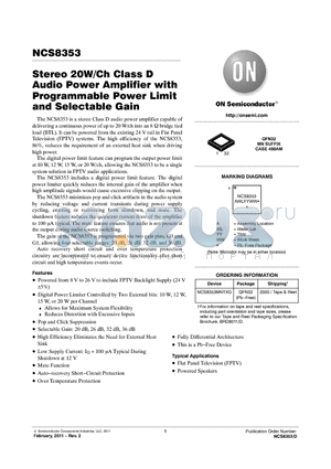 NCS8353MNTXG datasheet - Stereo 20W/Ch Class D Audio Power Amplifier with Programmable Power Limit and Selectable Gain