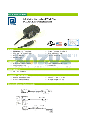 PLA02A-050-R datasheet - 2.0 Watt - Unregulated Wall Plug