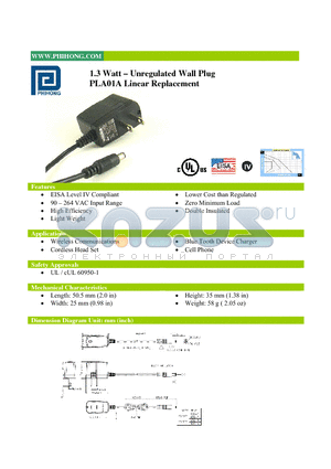 PLA01A-090-R datasheet - 1.3 Watt - Unregulated Wall Plug