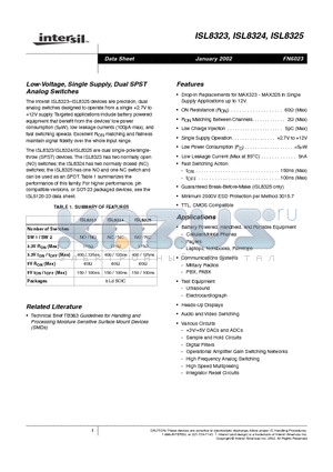 ISL8324IB-T datasheet - Low-Voltage, Single Supply, Dual SPST Analog Switches