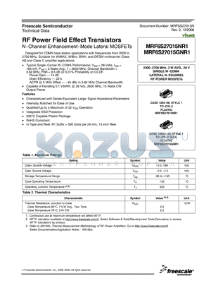 MRF6S27015GNR1 datasheet - RF Power Field Effect Transistors N-Channel Enhancement-Mode Lateral MOSFETs