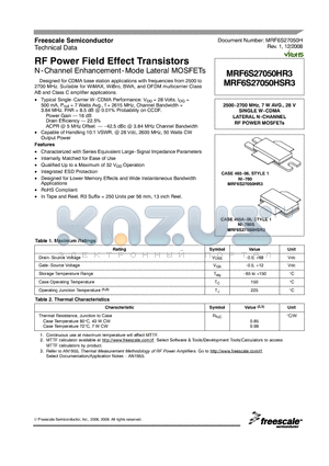 MRF6S27050HR3 datasheet - RF Power Field Effect Transistors