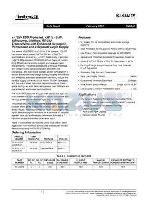 ISL83387EIV datasheet - /-15kV ESD Protected,3#V to 5.5V, 1Microamp, 250kbps, RS-232 Transceivers with Enhanced Automatic Powerdown and a Separate Logic Supply