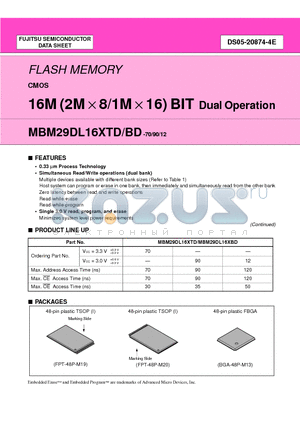 MBM29DL164TE70PFTN datasheet - 16M (2M x 8/1M x 16) BIT Dual Operation