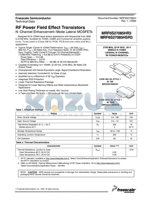 MRF6S27085HR3 datasheet - N-Channel Enhancement-Mode Lateral MOSFETs