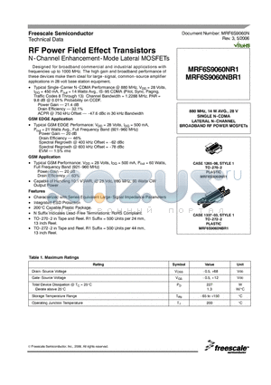 MRF6S9060NBR1 datasheet - RF Power Field Effect Transistors N-Channel Enhancement-Mode Lateral MOSFETs