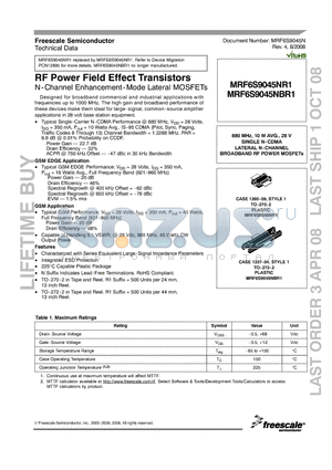 MRF6S9045NBR1 datasheet - RF Power Field Effect Transistors N-Channel Enhancement-Mode Lateral MOSFETs