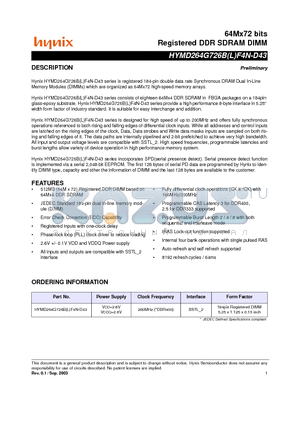 HYMD264G726BLF4N-D43 datasheet - Registered DDR SDRAM DIMM