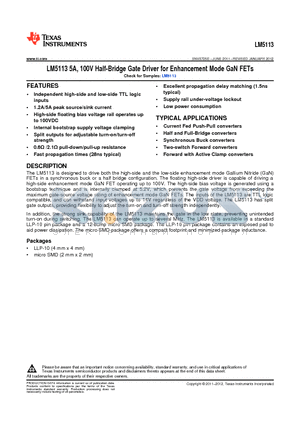 LM5113SDX/NOPB datasheet - LM5113 5A, 100V Half-Bridge Gate Driver for Enhancement Mode GaN FETs