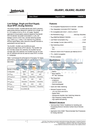 ISL8393 datasheet - Low-Voltage, Single and Dual Supply, Quad SPST, Analog Switches