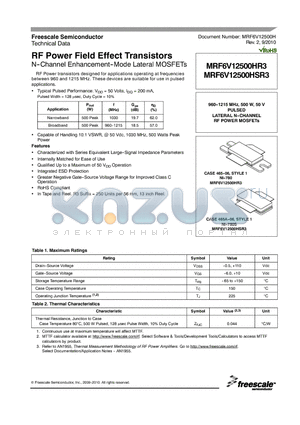 MRF6V12500HR3 datasheet - RF Power Field Effect Transistors N--Channel Enhancement--Mode Lateral MOSFETs