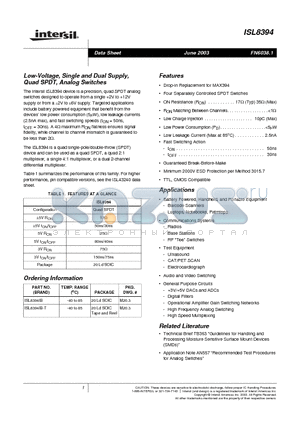 ISL8394IB-T datasheet - Low-Voltage, Single and Dual Supply, Quad SPDT, Analog Switches