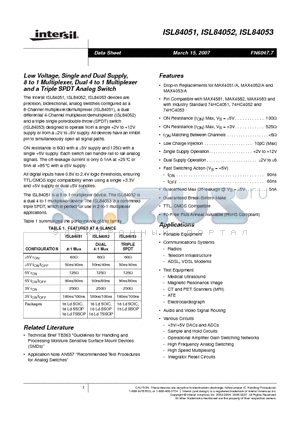 ISL84051 datasheet - Low Voltage, Single and Dual Supply, 8 to 1 Multiplexer, Dual 4 to 1 Multiplexer and a Triple SPDT Analog Switch