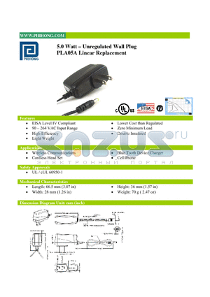 PLA05A-050-R datasheet - 5.0 Watt - Unregulated Wall Plug