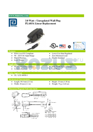 PLA03A-050-R datasheet - 3.0 Watt - Unregulated Wall Plug