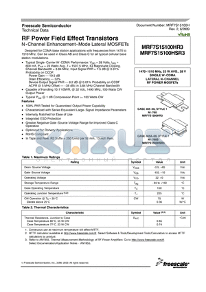 MRF7S15100HR3 datasheet - RF Power Field Effect Transistors N-Channel Enhancement-Mode Lateral MOSFETs