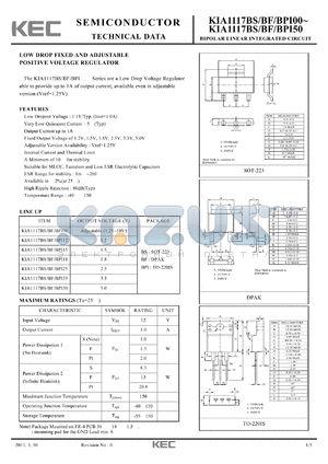 KIA1117BS/BF/BPI00 datasheet - BIPOLAR LINEAR INTEGRATED CIRCUIT