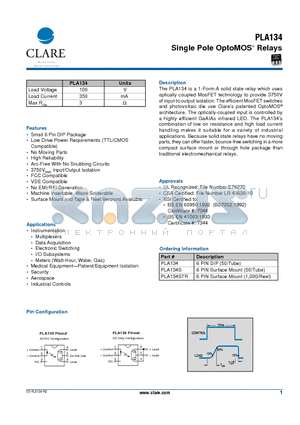 PLA134 datasheet - Single Pole OptoMOS Relays