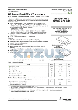 MRF7S19170HR3 datasheet - RF Power Field Effect Transistors N-Channel Enhancement-Mode Lateral MOSFETs