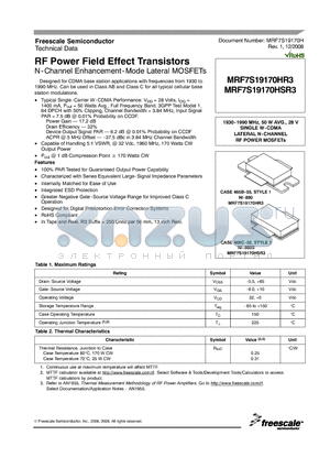 MRF7S19170HR3_08 datasheet - RF Power Field Effect Transistors N-Channel Enhancement-Mode Lateral MOSFETs