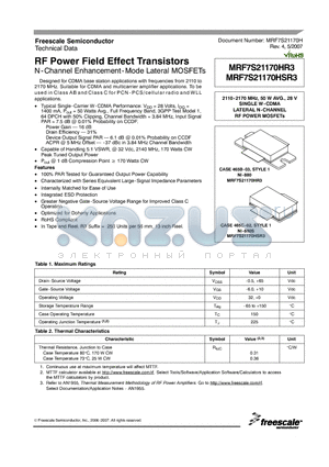 MRF7S21170HR3_07 datasheet - RF Power Field Effect Transistors N-Channel Enhancement-Mode Lateral MOSFETs