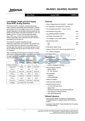 ISL84523IV datasheet - Low-Voltage, Single and Dual Supply, Quad SPST, Analog Switches