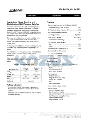 ISL84524IUZ datasheet - Low-Voltage, Single Supply, 4 to 1 Multiplexer and DPDT Analog Switches