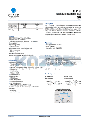 PLA190S datasheet - Single Pole OptoMOS Relay